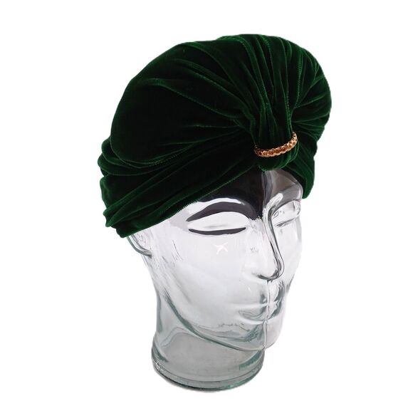 Green Velvet Full Cap Turban Hat Flapper Style Headband Warmer Headwrap - Picture 1 of 10